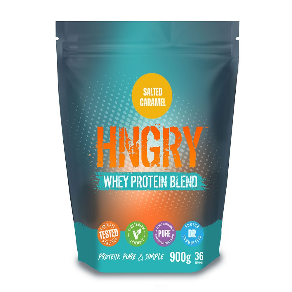 hngry salted caramel whey protein front 900g