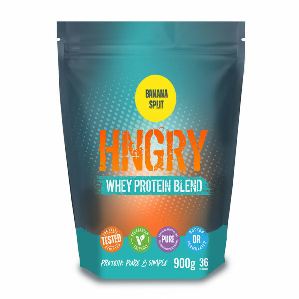 hngry banana split whey protein front 900g